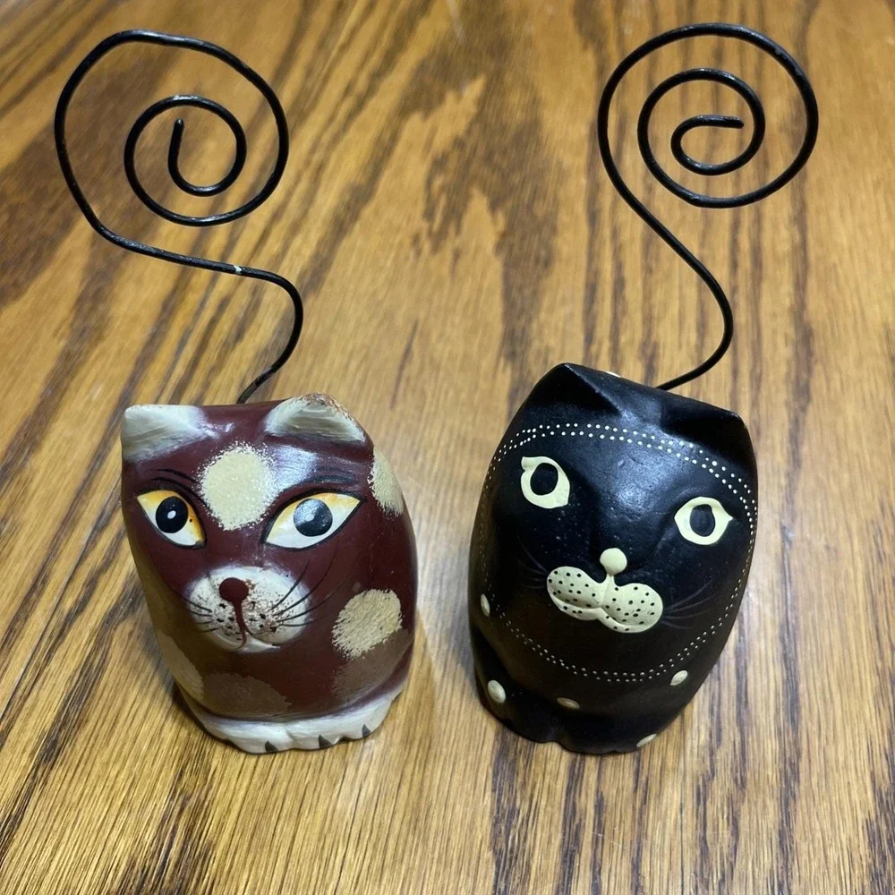Pier 1 Imports Wood Carved Cat Photo Holder Note Holder Set of 2 Kitten Decor